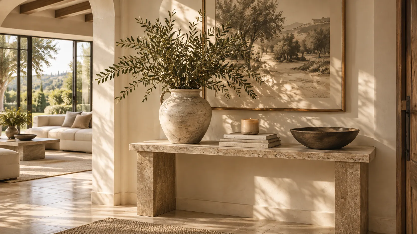 Olive branches in a stone vase on a limestone console table in a sunlit entry