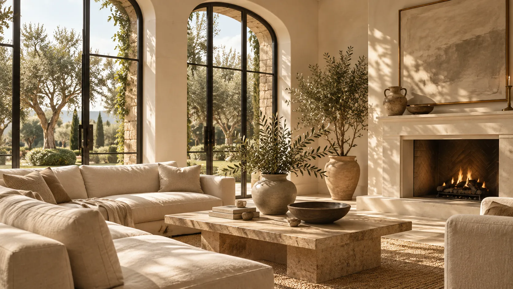 A sunlit living room with arched steel windows, cream sofas, a stone coffee table and a lit fireplace