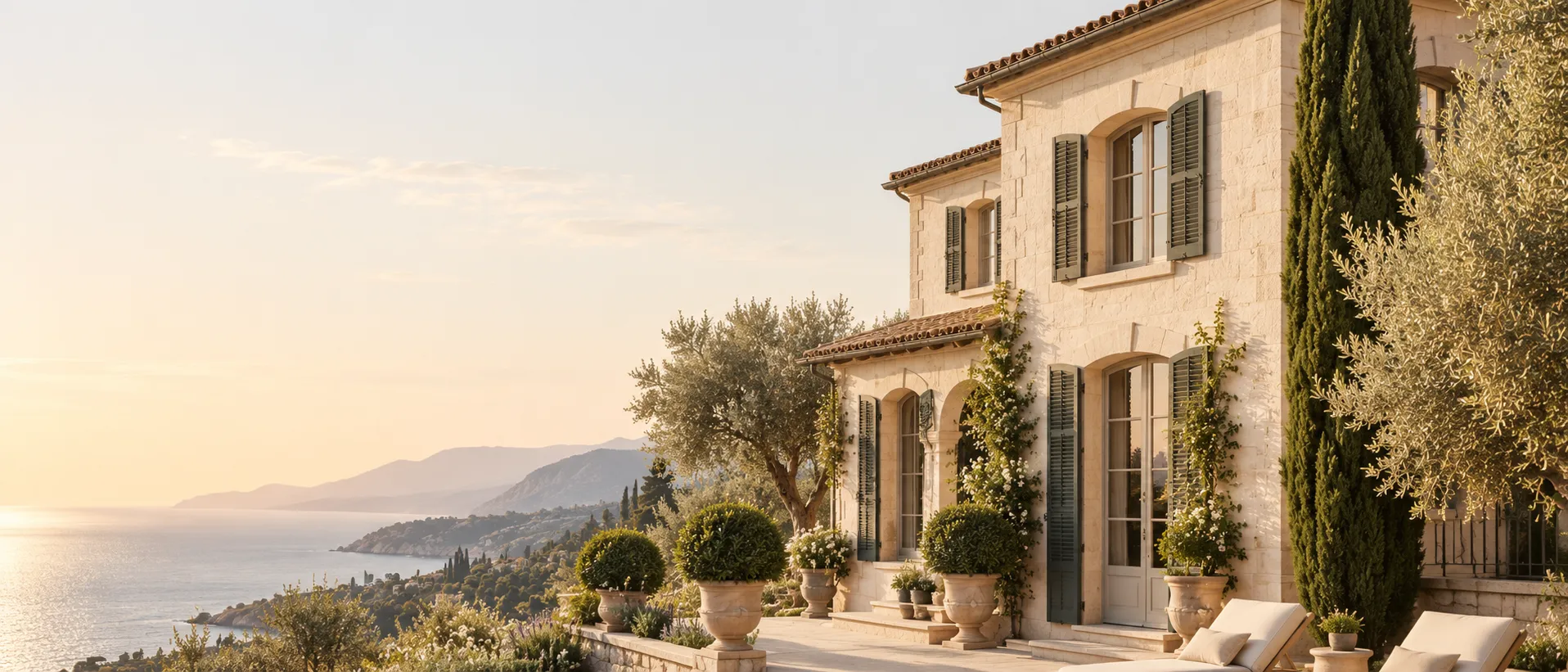 A stone Mediterranean villa with green shutters and an olive tree on a terrace above the sea at sunset